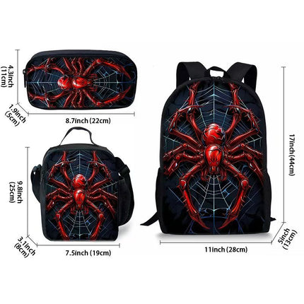 Style 12 3 Piece Spider Print School Bag Set - Large Capacity Polyester Backpack, Insulated Lunch Bag and Pencil Case - Lightweight Student Bookbag with Side Pocket for Boys Teens Kids