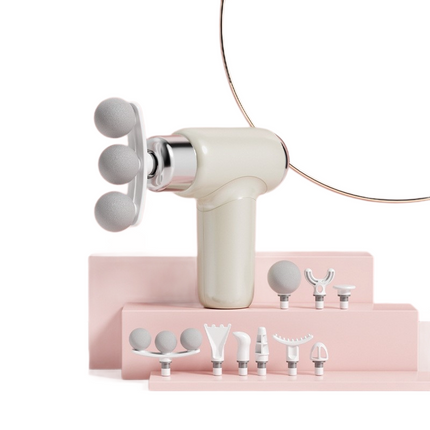 Beige Mini Massage Gun with 9 Heads - 6 Speed Percussion Massager, Portable Muscle Relaxation Device, USB Rechargeable Handheld Deep Tissue Vibrator for Gym Travel Office