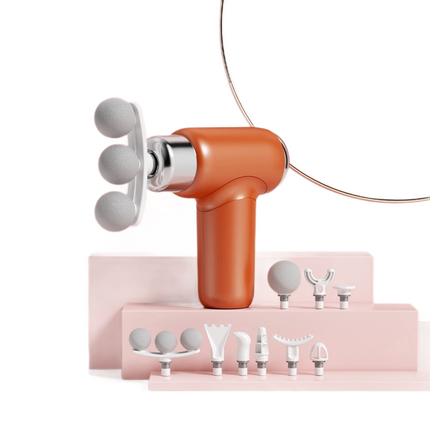 Orange Mini Massage Gun with 9 Heads - 6 Speed Percussion Massager, Portable Muscle Relaxation Device, USB Rechargeable Handheld Deep Tissue Vibrator for Gym Travel Office
