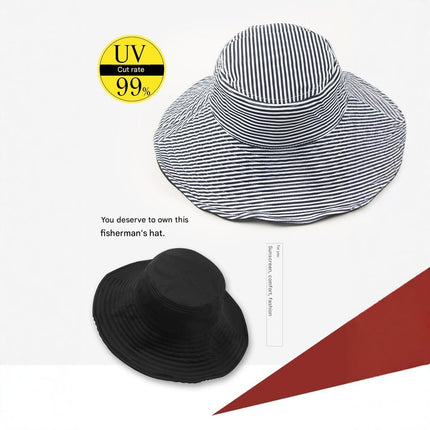 Blue and stripe Reversible UV Protection Bucket Hat - UPF 50+ Wide Brim Sun Hat, Packable Lightweight Outdoor Fishing Cap for Women Men Travel Beach Hiking