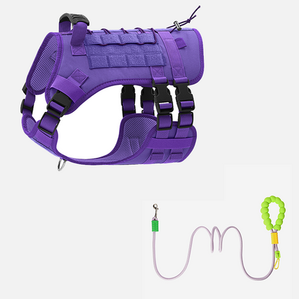 Tactical Dog Harness and Leash Set - M size Purple Oxford No Pull Vest and Purple 1.85m Hands Free Nylon Lead - Adjustable Walking Gear for Medium Dogs