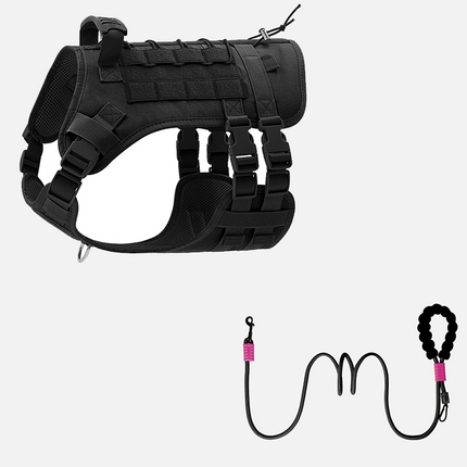 Tactical Dog Harness and Leash Set - L size Black Oxford No Pull Vest and Black 1.85m Hands Free Nylon Lead - Adjustable Walking Gear for Medium Dogs