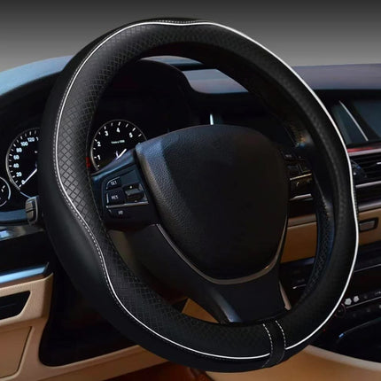 Car Steering Wheel Cover (Black And White Lines)- Microfiber Leather with Diamond Embossing ,Anti-Slip Inner Ring(38 cm)