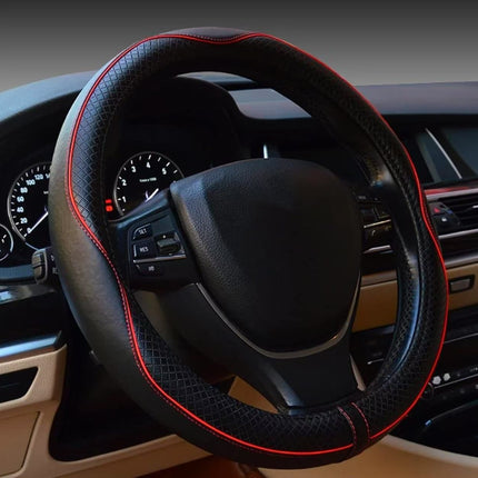 Car Steering Wheel Cover (Black Lines With Red Stripes)- Microfiber Leather with Diamond Embossing ,Anti-Slip Inner Ring(38 cm)
