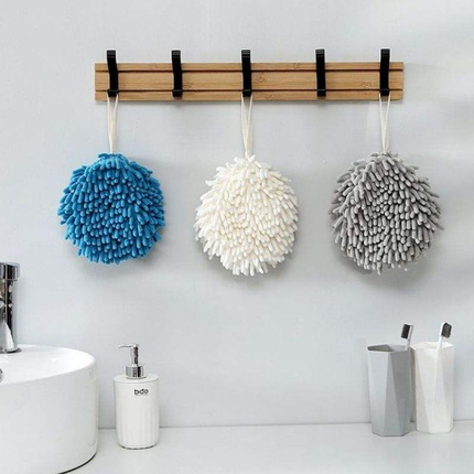3 Pack Hanging Hand Drying Ball (Blue+White+Gray), Chenille Towel with Sponge Core for Kitchen and Bathroom