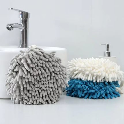 3 Pack Hanging Hand Drying Ball (Blue+White+Gray), Chenille Towel with Sponge Core for Kitchen and Bathroom