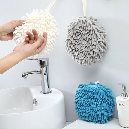3 Pack Hanging Hand Drying Ball (Blue+White+Gray), Chenille Towel with Sponge Core for Kitchen and Bathroom