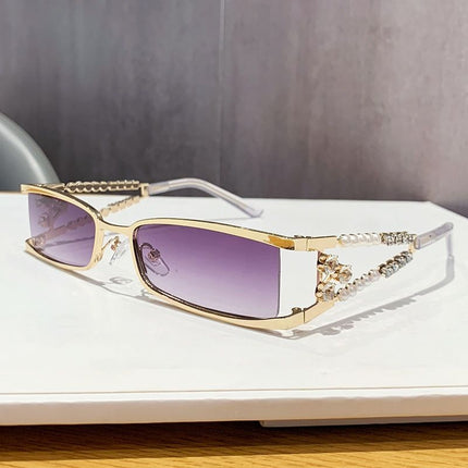 Women's Rectangle Sunglasses, Pearl Rhinestone Gold Metal Frame with Gradient Grey UV400 Lenses for Streetwear, Party, Outdoor