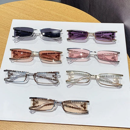 Women's Rectangle Sunglasses, Pearl Rhinestone Gold Metal Frame with Gradient Grey UV400 Lenses for Streetwear, Party, Outdoor