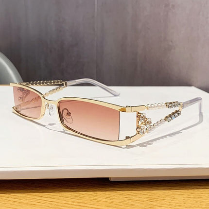 Women's Rectangle Sunglasses, Pearl Rhinestone Gold Metal Frame with Gradient Brown UV400 Lenses for Streetwear, Party, Outdoor