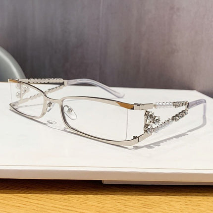 Women's Rectangle Glasses, Pearl Rhinestone Silver Metal Frame with Anti-Blue Light Clear Lenses for Streetwear, Party, Office