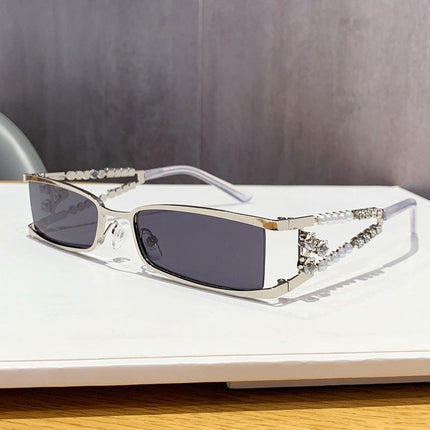 Women's Rectangle Sunglasses, Pearl Rhinestone Silver Metal Frame with Gray UV400 Lenses for Streetwear, Party, Outdoor
