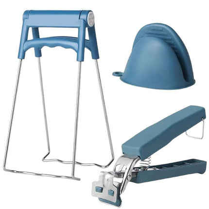 Kitchen Bowl and Plate Lifter Set - 3 Piece Blue Set with Gloves, Foldable Dish Lifter and Bowl Clip for Steaming, Serving and Hot Cookware Handling