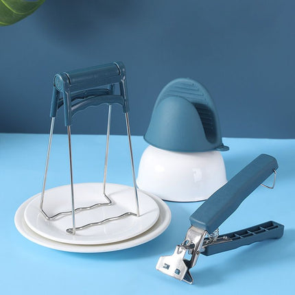 Kitchen Bowl and Plate Lifter Set - 3 Piece Blue Set with Gloves, Foldable Dish Lifter and Bowl Clip for Steaming, Serving and Hot Cookware Handling