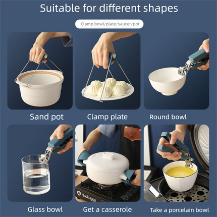 Kitchen Bowl and Plate Lifter Set - 3 Piece Blue Set with Gloves, Foldable Dish Lifter and Bowl Clip for Steaming, Serving and Hot Cookware Handling
