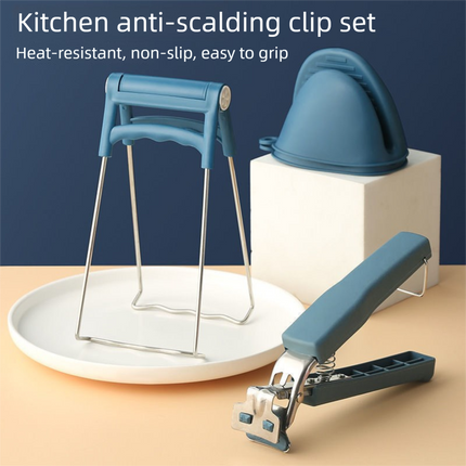 Kitchen Bowl and Plate Lifter Set - 3 Piece Blue Set with Gloves, Foldable Dish Lifter and Bowl Clip for Steaming, Serving and Hot Cookware Handling