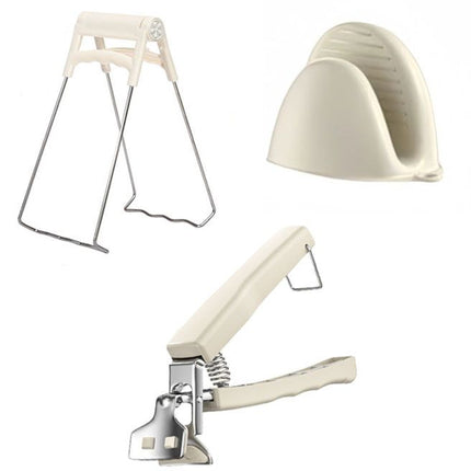 Kitchen Bowl and Plate Lifter Set - 3 Piece White Set with Gloves, Foldable Dish Lifter and Bowl Clip for Steaming, Serving and Hot Cookware Handling