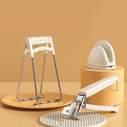 Kitchen Bowl and Plate Lifter Set - 3 Piece White Set with Gloves, Foldable Dish Lifter and Bowl Clip for Steaming, Serving and Hot Cookware Handling