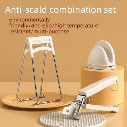 Kitchen Bowl and Plate Lifter Set - 3 Piece White Set with Gloves, Foldable Dish Lifter and Bowl Clip for Steaming, Serving and Hot Cookware Handling