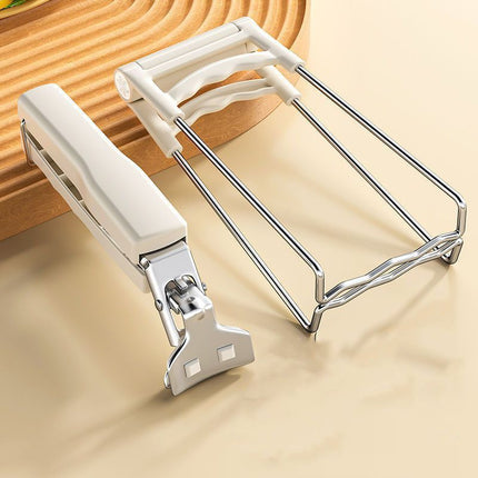 Kitchen Bowl and Plate Lifter Set - 2 Piece White Set with Foldable Dish Lifter and Bowl Clip for Steaming, Serving and Hot Cookware Handling