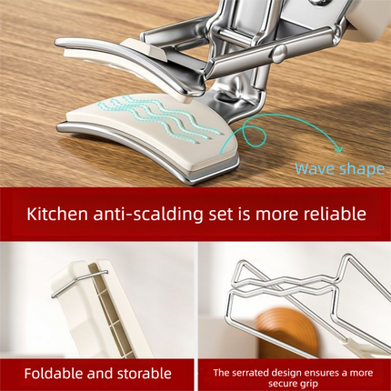 Kitchen Bowl and Plate Lifter Set - 2 Piece White Set with Foldable Dish Lifter and Bowl Clip for Steaming, Serving and Hot Cookware Handling