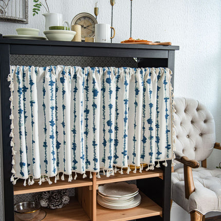 Blue Striped Cafe Curtain - 150 x 45 cm Cotton Linen Half Window Curtain with Tassel Trim for Kitchen, Cabinet and Small Window Decor