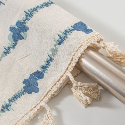 Blue Striped Cafe Curtain - 150 x 91 cm Cotton Linen Half Window Curtain with Tassel Trim for Kitchen, Cabinet and Small Window Decor