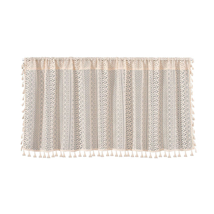 Beige Lace Cafe Curtain - 150 x 45 cm Cotton Linen Half Window Curtain with Openwork Pattern and Tassel Trim for Kitchen, Cabinet and Small Window Decor