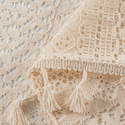 Beige Lace Cafe Curtain - 150 x 45 cm Cotton Linen Half Window Curtain with Openwork Pattern and Tassel Trim for Kitchen, Cabinet and Small Window Decor