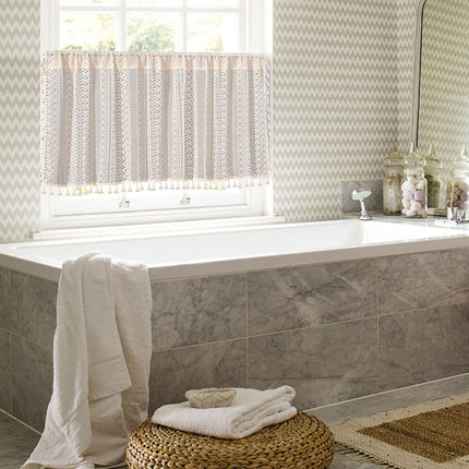 Beige Lace Cafe Curtain - 150 x 45 cm Cotton Linen Half Window Curtain with Openwork Pattern and Tassel Trim for Kitchen, Cabinet and Small Window Decor