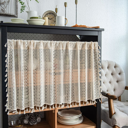 Beige Lace Cafe Curtain - 150 x 60 cm Cotton Linen Half Window Curtain with Openwork Pattern and Tassel Trim for Kitchen, Cabinet and Small Window Decor