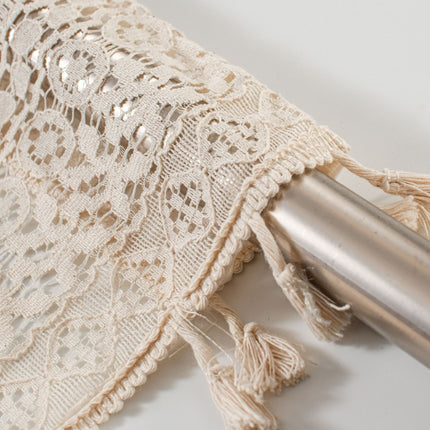 Beige Lace Cafe Curtain - 150 x 91 cm Cotton Linen Half Window Curtain with Openwork Pattern and Tassel Trim for Kitchen, Cabinet and Small Window Decor