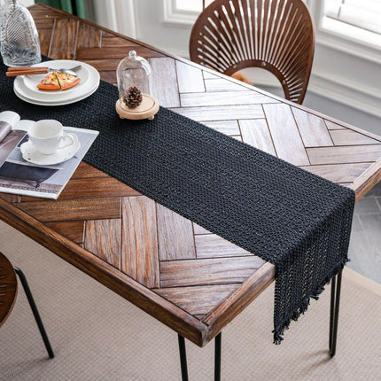 Black Woven Table Runner - 30 x 160 cm Natural Jute and Cotton Rope Table Decor with Tassel Ends for Dining Tables, Kitchens and Seasonal Styling