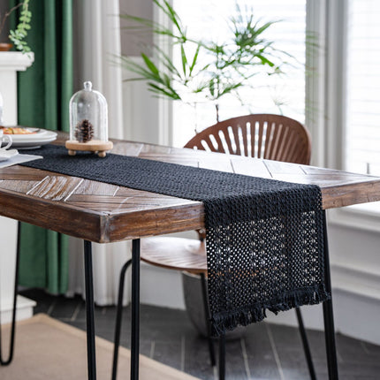 Black Woven Table Runner - 30 x 160 cm Natural Jute and Cotton Rope Table Decor with Tassel Ends for Dining Tables, Kitchens and Seasonal Styling