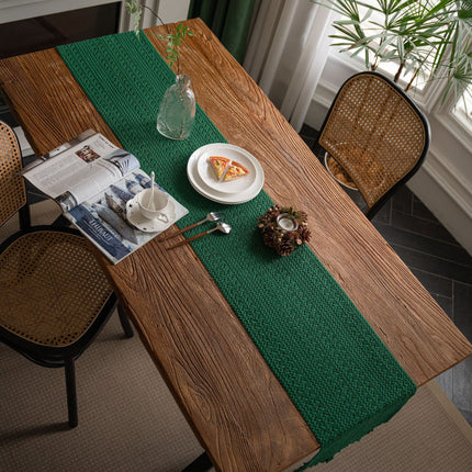 Green Woven Table Runner - 30 x 160 cm Natural Jute and Cotton Rope Table Decor with Tassel Ends for Dining Tables, Kitchens and Seasonal Styling