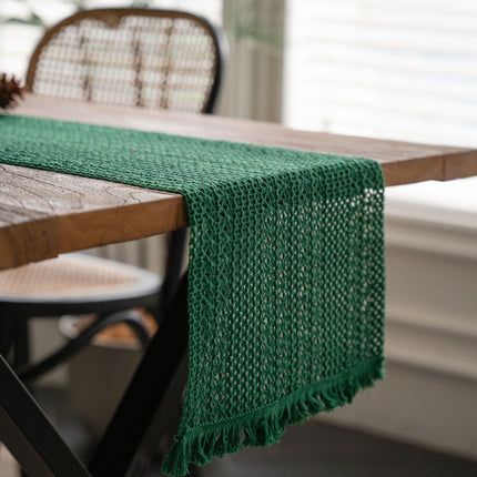 Green Woven Table Runner - 30 x 160 cm Natural Jute and Cotton Rope Table Decor with Tassel Ends for Dining Tables, Kitchens and Seasonal Styling
