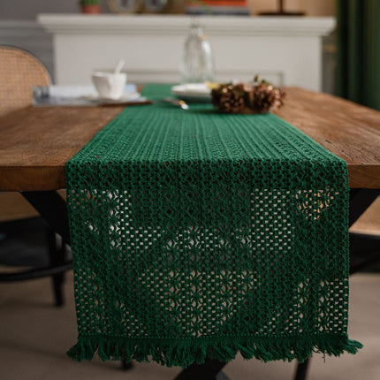 Green Woven Table Runner - 30 x 160 cm Natural Jute and Cotton Rope Table Decor with Tassel Ends for Dining Tables, Kitchens and Seasonal Styling