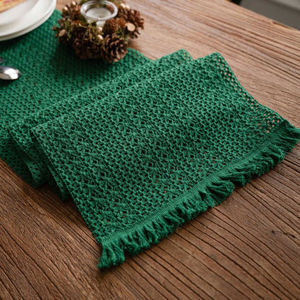 Green Woven Table Runner - 30 x 160 cm Natural Jute and Cotton Rope Table Decor with Tassel Ends for Dining Tables, Kitchens and Seasonal Styling