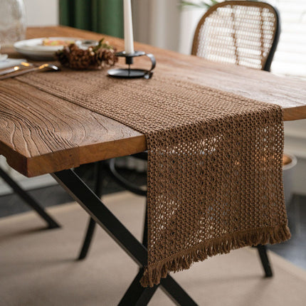 Khaki Woven Table Runner - 30 x 160 cm Natural Jute and Cotton Rope Table Decor with Tassel Ends for Dining Tables, Kitchens and Seasonal Styling