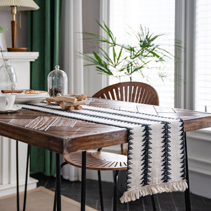 Black and White Narrow Stripe Woven Table Runner - 30 x 200 cm Cotton Linen Runner with Fringe Ends for Dining Tables and Home Decor