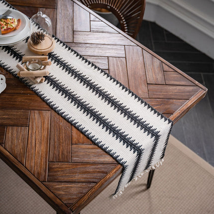 Black and White Narrow Stripe Woven Table Runner - 30 x 200 cm Cotton Linen Runner with Fringe Ends for Dining Tables and Home Decor