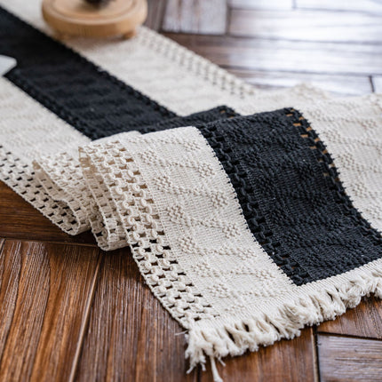 Black and White Wide Stripe Woven Table Runner - 30 x 160 cm Cotton Linen Runner with Fringe Ends for Dining Tables and Home Decor