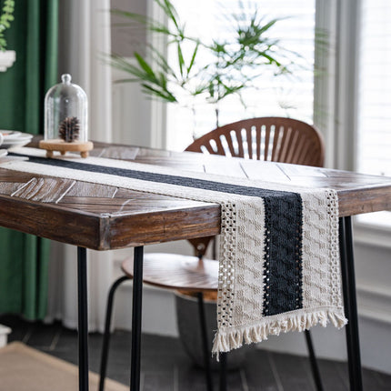 Black and White Wide Stripe Woven Table Runner - 30 x 180 cm Cotton Linen Runner with Fringe Ends for Dining Tables and Home Decor
