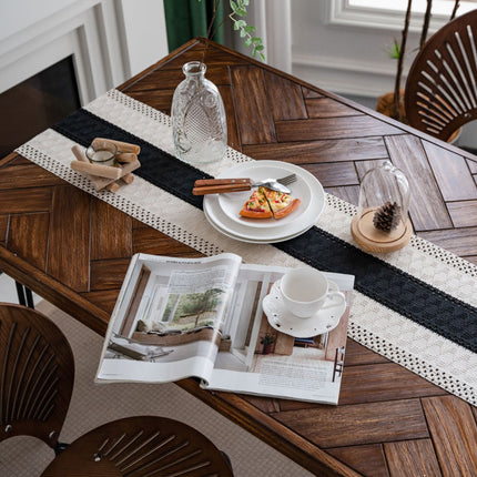 Black and White Wide Stripe Woven Table Runner - 30 x 180 cm Cotton Linen Runner with Fringe Ends for Dining Tables and Home Decor