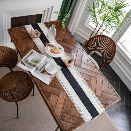 Black and White Wide Stripe Woven Table Runner - 30 x 180 cm Cotton Linen Runner with Fringe Ends for Dining Tables and Home Decor