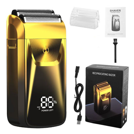 Men's Reciprocating Foil Shaver Basic Set (Gold) - USB Rechargeable Dual Foil Electric Razor with Digital Battery Display and Pop-Up Trimmer for Beard, Head and Travel Grooming