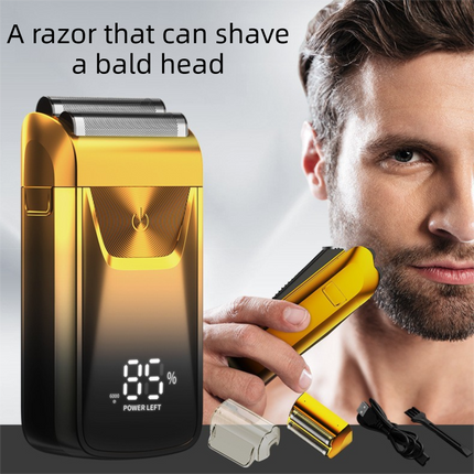 Men's Reciprocating Foil Shaver Basic Set (Gold) - USB Rechargeable Dual Foil Electric Razor with Digital Battery Display and Pop-Up Trimmer for Beard, Head and Travel Grooming