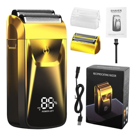 Men's Reciprocating Foil Shaver Upgraded Set (Gold)- USB Rechargeable Dual Foil Electric Razor with Digital Battery Display, Pop-Up Trimmer and Replacement Cutters