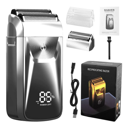 Men's Reciprocating Foil Shaver Upgraded Set (Silver)- USB Rechargeable Dual Foil Electric Razor with Digital Battery Display, Pop-Up Trimmer and Replacement Cutters