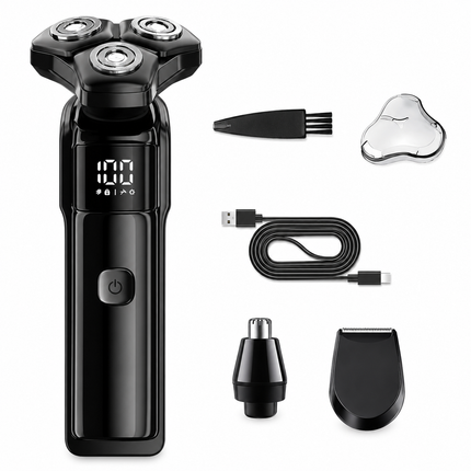Men's 3-Head Electric Rotary Shaver Upgraded Set - Type-C Rechargeable LCD Grooming Kit for Beard, Nose Hair, Sideburns, Home and Travel Use